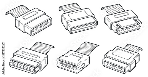 A collection of various electronic connectors and cables in minimalist outline vector style, suitable for technology and engineering projects