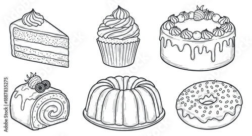A collection of various desserts including cakes, cupcakes, and donuts in black and white outline vector style, perfect for bakery branding and recipe illustrations