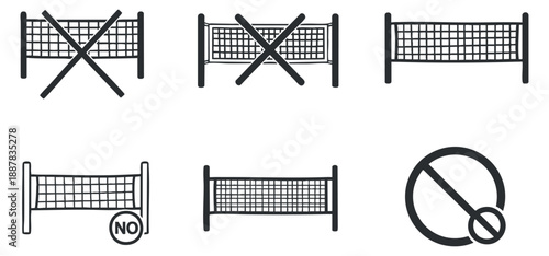 A collection of prohibition symbols featuring crossed nets in minimalist black and white vector style, suitable for sports regulations and safety signage