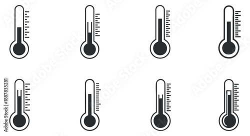 A set of thermometers in black and white flat vector style, ideal for health and science-related designs