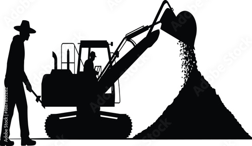 Construction worker operating excavator vector silhouette illustration with heavy machinery and soil pile, industrial building and earthmoving concept design