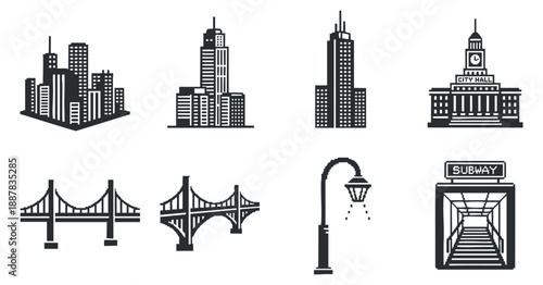 A collection of cityscape icons featuring skyscrapers, bridges, a street lamp, and a subway entrance in black and white minimalist vector style, suitable for urban design projects