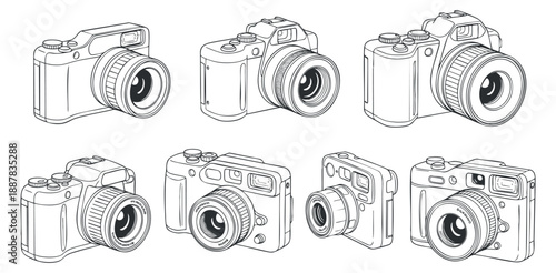 A collection of various camera illustrations in detailed outline vector style, perfect for photography-related projects