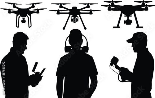 Drone operators and quadcopter silhouettes vector illustration set, aerial technology teamwork concept for filming, surveillance and remote control operations
