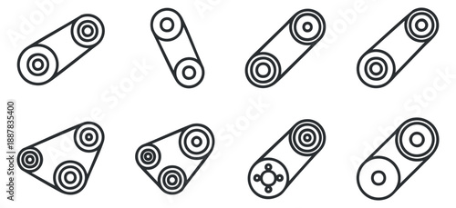 A set of minimalist vector icons representing various types of conveyor belts in black and white style, suitable for industrial design and technology projects