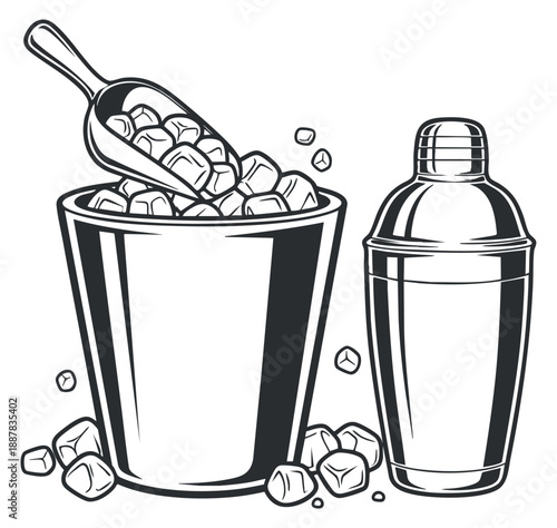 An ice bucket filled with ice cubes and a cocktail shaker in black and white outline vector style, ideal for bar and beverage design