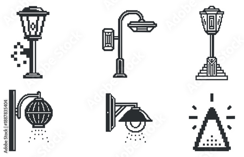 A collection of six different street lamp icons in black and white pixel art style, suitable for urban design and illustration projects