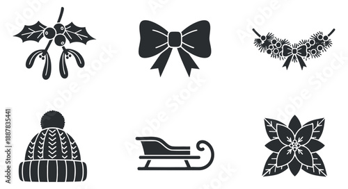 A collection of holiday-themed icons including mistletoe, bow, sleigh, hat, and poinsettia in black vector style, perfect for festive designs and seasonal branding