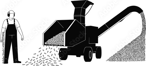 Industrial wood chipper machine silhouette vector illustration with worker, biomass processing and agricultural equipment concept for forestry and recycling design