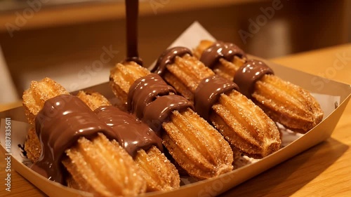 Delicious churros expertly drizzled with melting chocolate