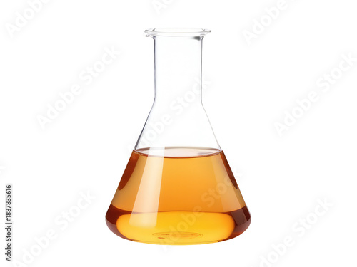 A close-up shot of a glass flask filled with transparent liquid