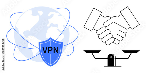 Online privacy protection, secure communication, global connection, digital ethics, business collaborations, and fairness in justice. Globe with VPN shield, handshake and balance scale icons. Online