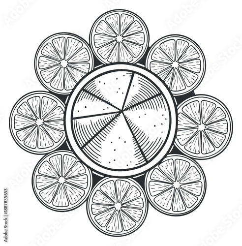 A circular arrangement of lemon and orange slices in black and white outline vector style, perfect for food-related designs and branding