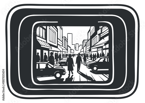 A bustling city street scene with people and cars in black and white vector style, perfect for urban lifestyle designs