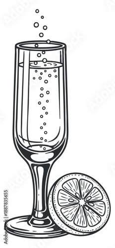 A tall glass of sparkling water with bubbles and a lemon slice in black and white outline vector style, ideal for beverage menus and refreshing drink designs