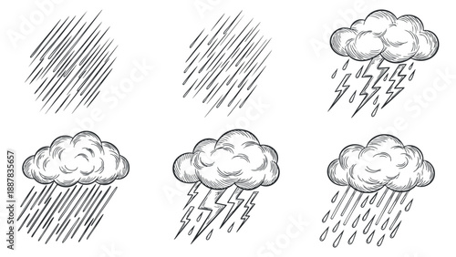 A collection of hand-drawn weather icons featuring clouds, rain, and lightning in sketch style, ideal for weather-related designs