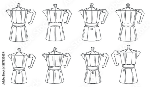 A set of eight moka pots in black and white outline vector style, perfect for coffee-related designs and branding