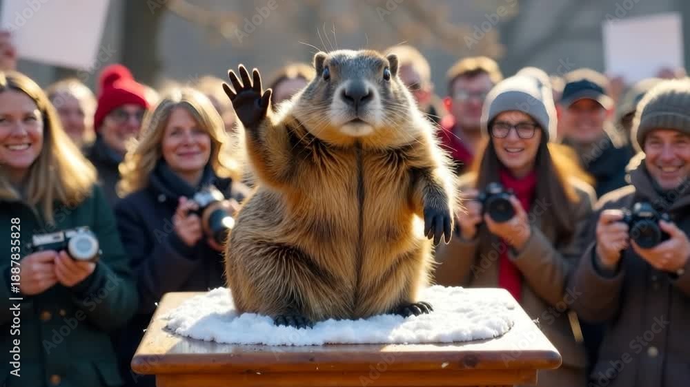 Groundhog In Camera Groundhog standing on a wooden podium covered in snow, waving its paw ...