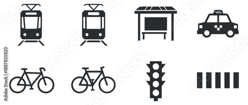 A set of public transport icons including a tram, bicycles, a bus stop, a taxi, and a traffic light in flat black and white vector style, ideal for urban mobility designs