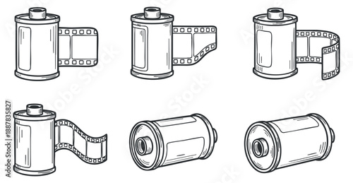 A set of vintage film canisters and rolls in black and white outline vector style, suitable for photography-related projects