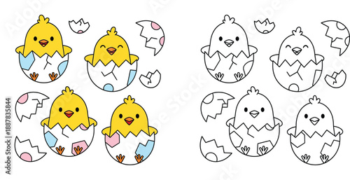 Set of cute cartoon chicks hatching from Easter eggs, vector illustration with black and white coloring page outline.