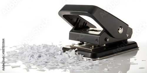 Desk efficiency Black hole puncher with paper confetti on white
