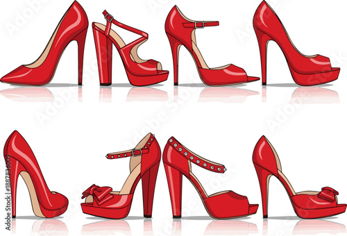 Isolated a realistic kinds of deferent Red High heel shoes vector art with white background.