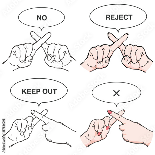 指を交差させて却下や禁止、受け付けの拒否などを示す手のイラスト素材