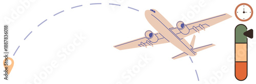 Travel, logistics, aviation, time management, fuel efficiency, destination planning. Airplane flying with path, timer and fuel gauge. Travel and logistics for efficient planning