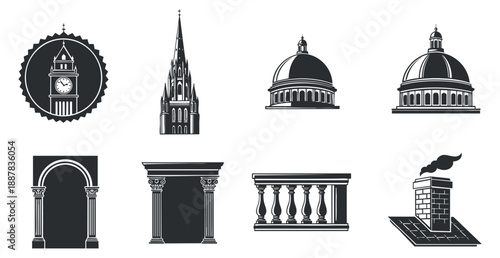 A collection of architectural landmarks including domes, spires, and columns in black and white vector style, suitable for travel and tourism branding