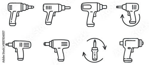 A collection of electric drills in line art style, showcasing various angles and rotation, ideal for construction and repair projects