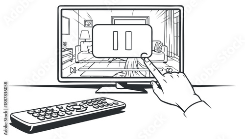 A hand interacting with a television screen showing a pause symbol in a black and white outline vector style, ideal for digital media and technology concepts