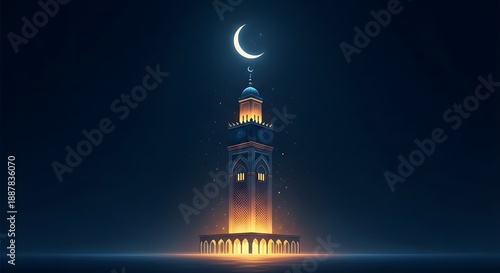 A serene nighttime scene of a glowing tower under a crescent moon