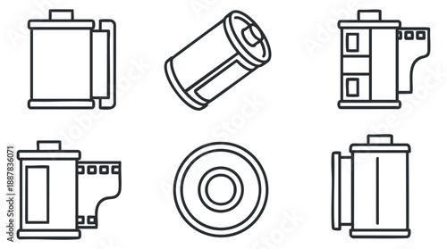 A set of film rolls and camera accessories in black and white outline vector style, suitable for photography-themed projects