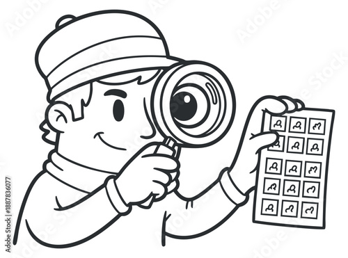 A cartoon detective character using a magnifying glass to examine a sheet of clues in a minimalist black and white vector style, ideal for mystery-themed projects