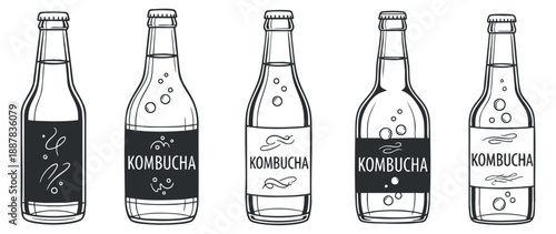 A set of kombucha bottles in black and white outline vector style, perfect for beverage branding and packaging design