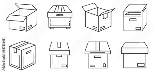 A collection of different types of boxes in flat outline vector style, suitable for shipping and storage design projects