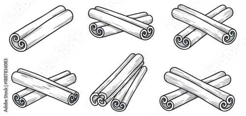 A set of hand-drawn cinnamon stick illustrations in black and white outline style, perfect for spice packaging and culinary designs