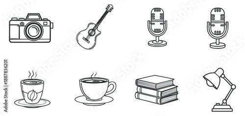 A collection of icons including a camera, guitar, microphone, coffee cup, books, and desk lamp in minimalist black outline style, suitable for creative projects and hobby-related designs