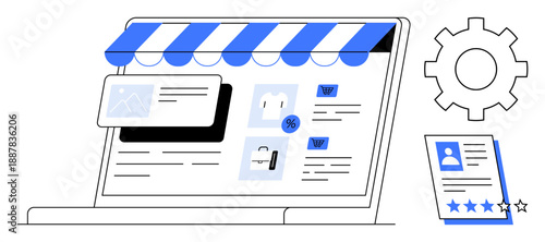 Open laptop with storefront, product listings, shopping cart, discount tags, profile reviews, and gear icon. Ideal for online shopping, digital marketing, business analytics user feedback website
