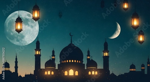 A serene nighttime scene of a mosque under the full and crescent moon with lanterns aglow