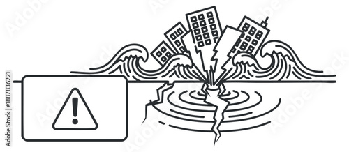 An earthquake warning sign featuring a cracked ground with collapsing buildings in outline vector style, ideal for safety awareness campaigns