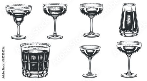 A set of various cocktail glasses including margarita, whiskey, and martini in black and white outline vector style, ideal for bar menus and party themes