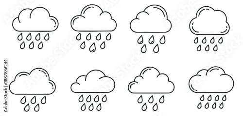 A collection of eight cloud and rain icons in minimalist outline vector style, ideal for weather-related designs