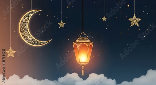 A serene night scene with a glowing lantern crescent moon and stars hanging above fluffy white clouds