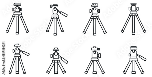 A set of camera tripods in outline vector style, suitable for photography and video production projects