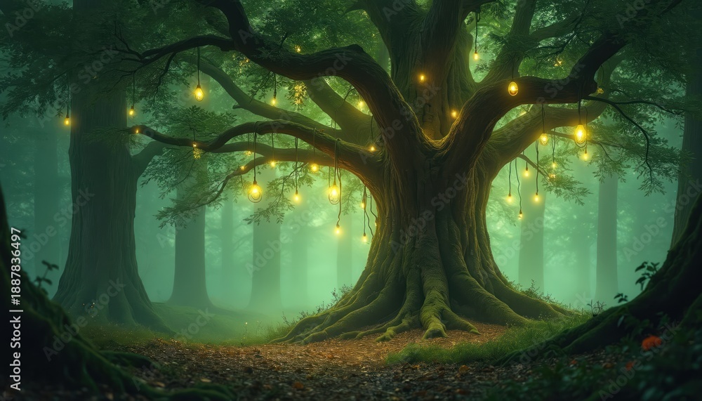 Naklejka premium Magical forest with ancient tree. Glowing lanterns hang from branches creating canopy. Soft mist fills the green woodland air, enchanting atmosphere.