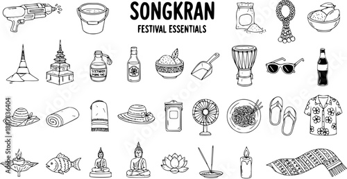 Hand Drawn Songkran Festival Essentials Line Art Icons Set. Black and White Doodle Collection for Thai New Year Celebration, Culture, and Travel.