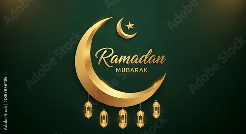 Ramadan mubarak greeting with golden crescent moon and lanterns