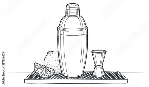 A cocktail shaker with a lemon and lime on a bar mat in minimalist black and white vector style, ideal for bar and restaurant menus